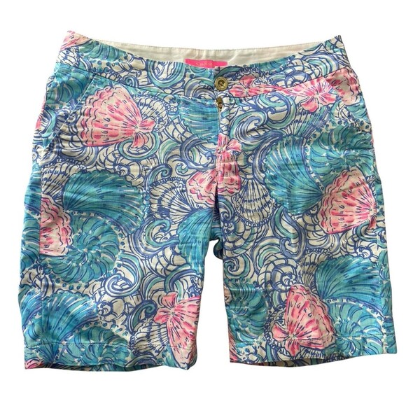 Lilly Pulitzer Women’s Short Sz 6 Seashell Print Blue Pink Cotton Summer  Resort - Picture 1 of 7